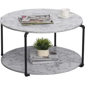 TABLE BASSE Table basse ronde avec étagère dim. Ø 80 x 45H cm panneaux particules imitation marbre blanc métal noir