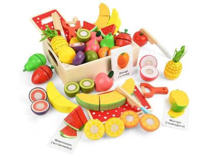 UCAMP Set De Coupe Fruits Et Légumes En Bois – 22 Pièces Incluant Couteaux, Planche Et Panier – Jeu De Dinette éducatif – Dès 3 Ans