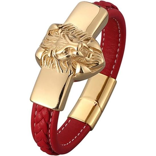 Bracelet Homme Perles Noires Avec Pendentif Tête De Lion Doré - Longueur 21-22 Cm, Acier Inoxydable