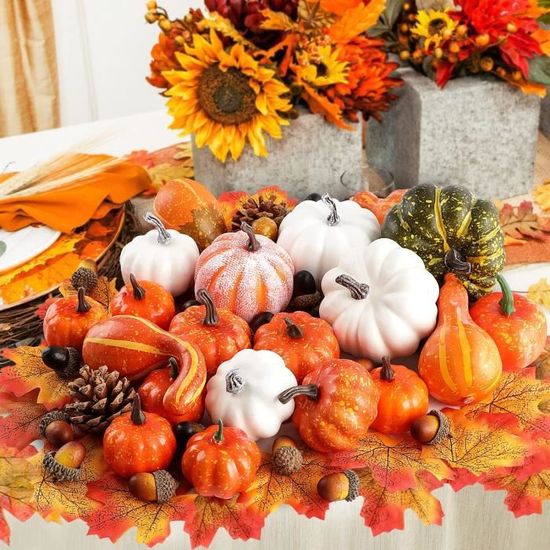 Lot De 7 Citrouilles Artificielles Halloween - Décoration Intérieur/extérieur En Mousse - Orange Et Blanc