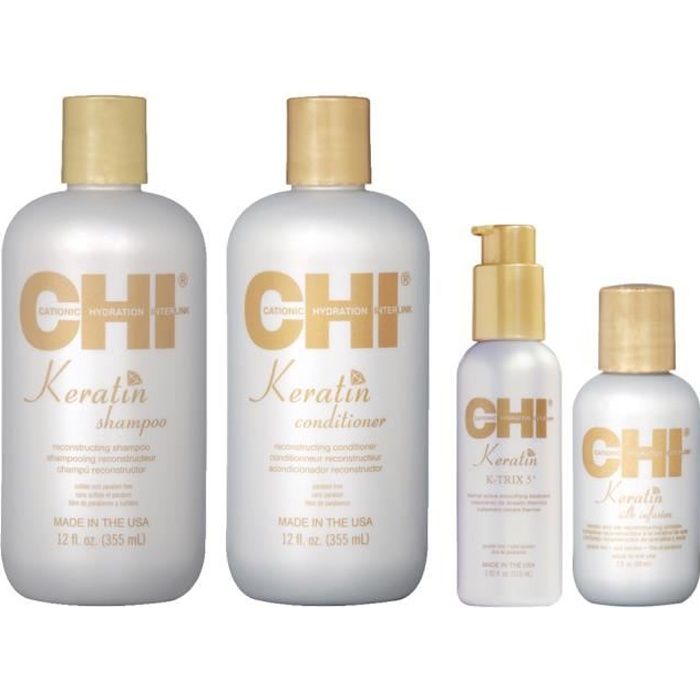 CHI Keratin - Kit Shampoing + Après-Shampoing + Soin lissant + Silk Infusion - Soins reconstructeur et lissants à la Kératine