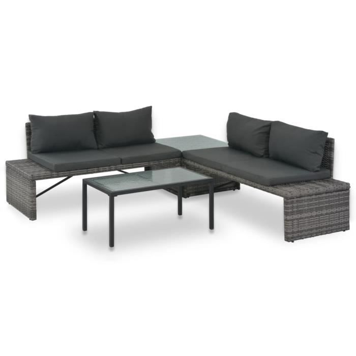 XIA Mobilier de jardin 3 pcs avec coussins résine tressée (polyéthylène) + acier enduit de poudre + verre Gris
