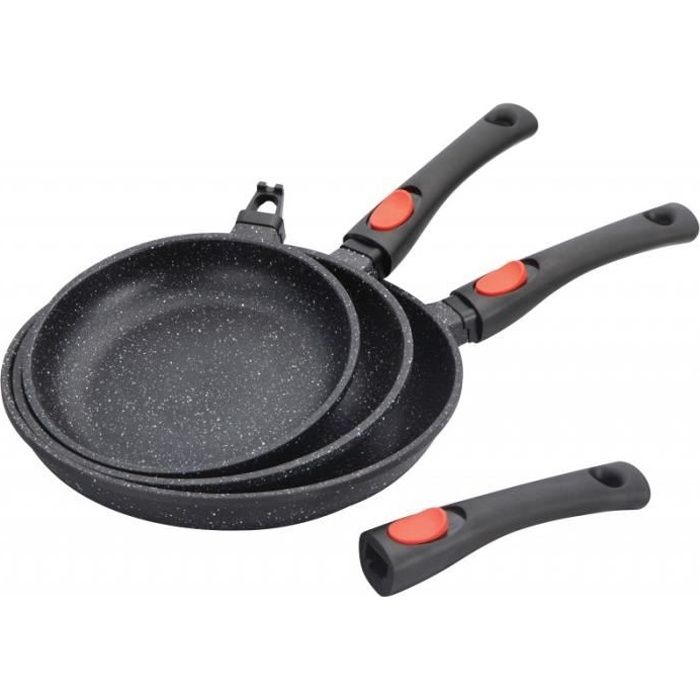 Lot de 3 poêles effet pierre 30,28, et 20 cm SHEPLER avec manche amovible