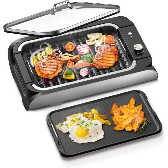 Grill Electrique, 1400W Barbecue Electrique, Plancha Electrique Sans Fumee avec Couvercle, 2 Plaques Antiadhesives Amovibles