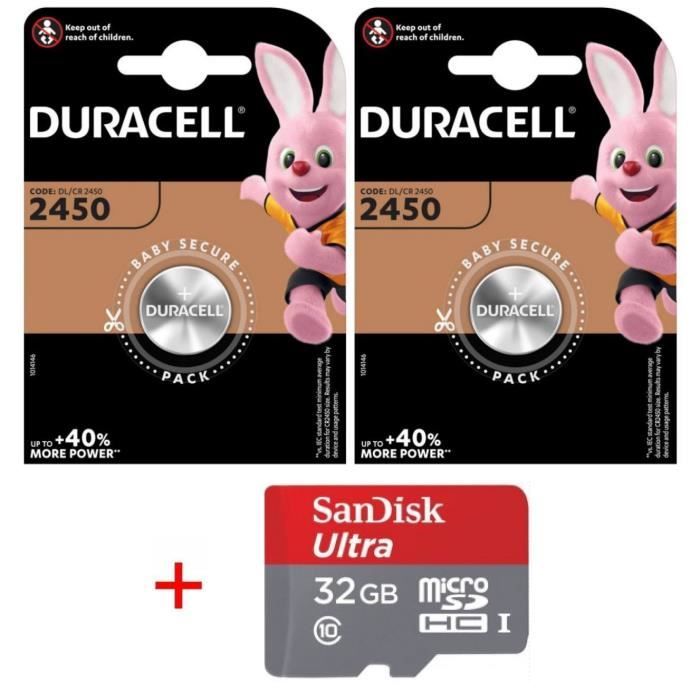 Pile CR2450 DURACELL lot de 2 piles lithium 3V CR 2450 3.0 Volts, pile plate bouton, capacité 620mAh avec étui pour Carte Bancaire