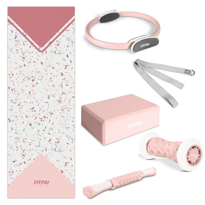 Kit 6 accessoires de yoga KITWELL-601 ROSE, tapis, cerceau pilates, bloc, sangle d'exercice, 2 masseurs - FITFIU Fitness