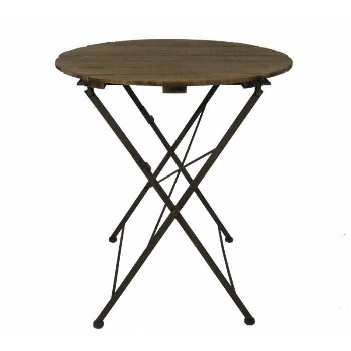 Table Ronde Desserte Pliable Console d'Appoint Intérieur Extérieur Guéridon en Bois et Fer 70x70x80cm Marron