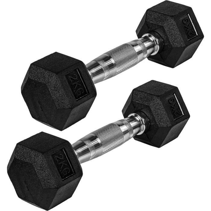 Movit® haltère hexagonal, Dumbbells en fonte avec revêtement caoutchouc, 2x2kg, barre chromée, moletée et antidérapante