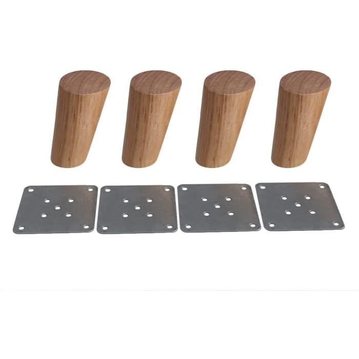 Lot de 4 pieds de meubles en bois massif incliné 10cm, Pieds de rechange avec plaque de montage et vis pour canapé, TV, lit, table