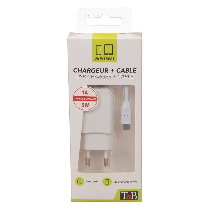 TNB Pack chargeur secteur USB + câble compatible tout Smartphone micro USB - Blanc