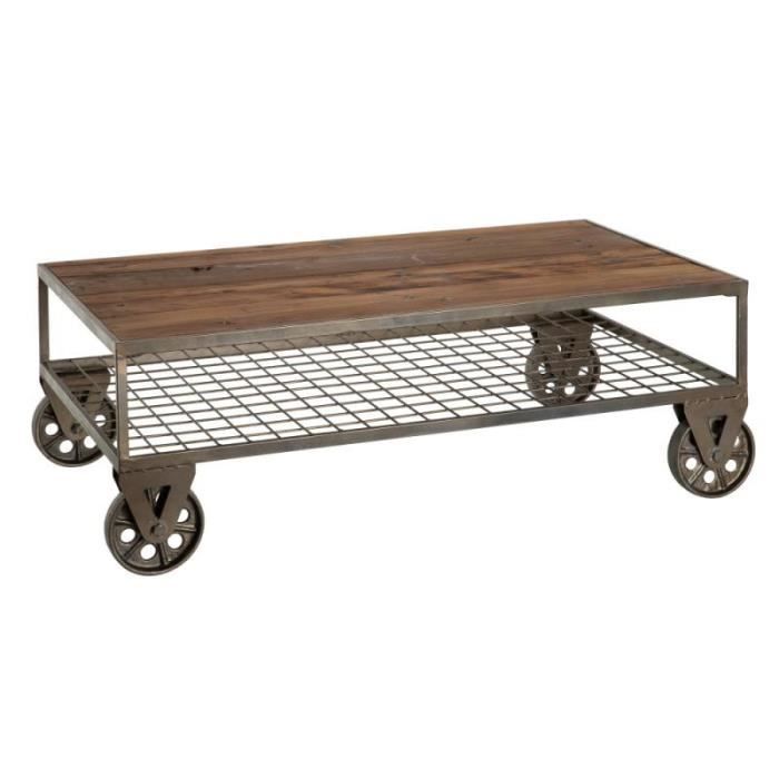 Table basse rectangulaire sur roulettes Métal/Bois - FIBYA - L 100 x l 55 x H 34