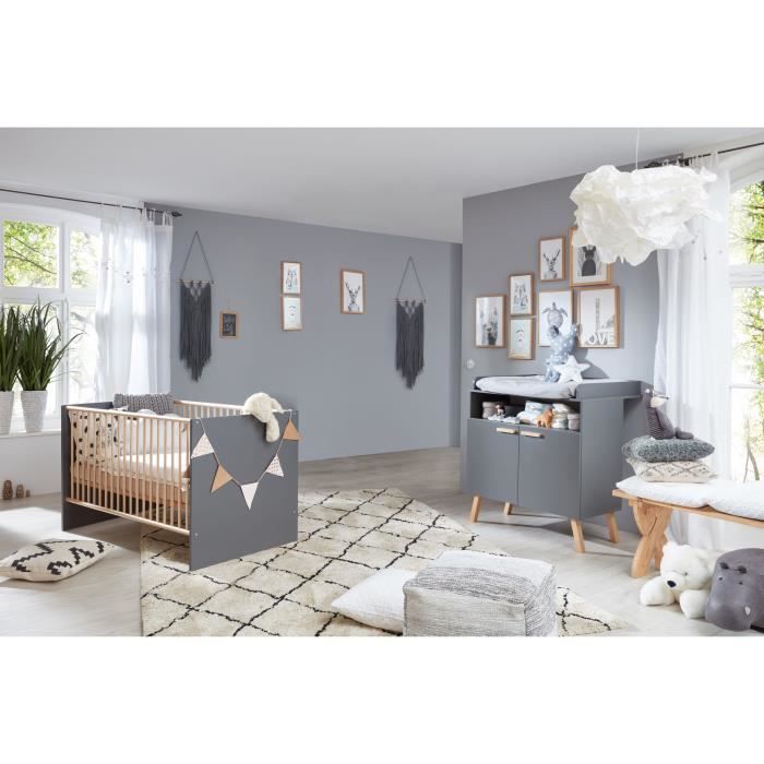 Chambre bébé Duo : Lit 70 x 140 cm + Commode à langer MATS - Gris et chêne - TREND TEAM
