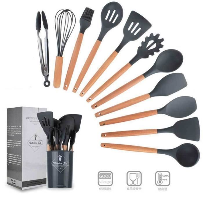 11pcs Set ustensiles de cuisine en silicone avec Boîte de rangement Coffret (Gris foncé)