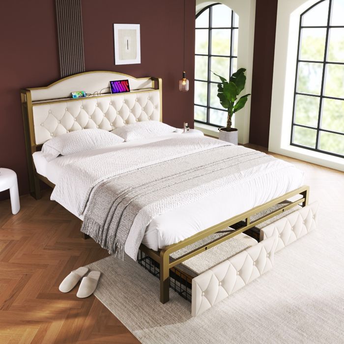 lit adulte 180x200 cm avec 2 tiroirs, tête de lit avec chargement usb type c, cadre de lit en fer à lattes, velours, beige
