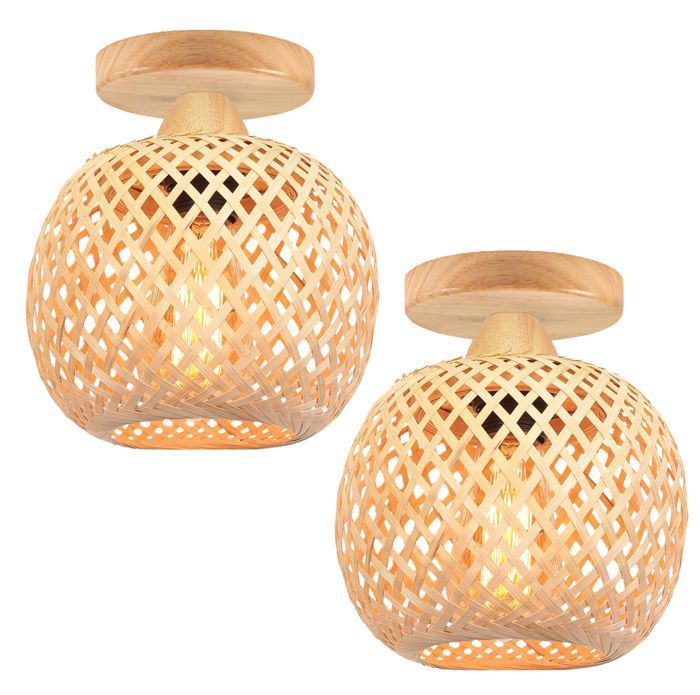IDEGU 2pcs Plafonnier en Bambou TissageLustre Style Bohème Abat-Jour Design Cage Éclairage de Plafond Vintage pour Salon Chambre