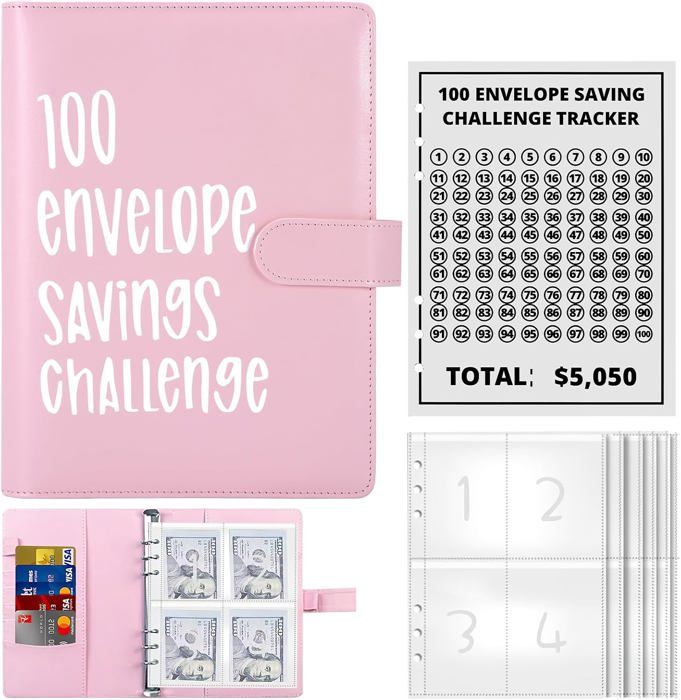 Classeur Budget A5 Français - Défi 100 Enveloppes, 25 Pochettes, Autocollants, Cuir/PVC Rose