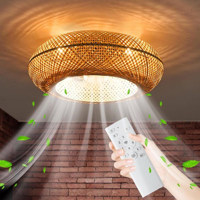 Ventilateur plafond silencieux avec lumière LED ventilateur de plafond rotin bambou télécommandé 6 vitesses réversible - Prumya