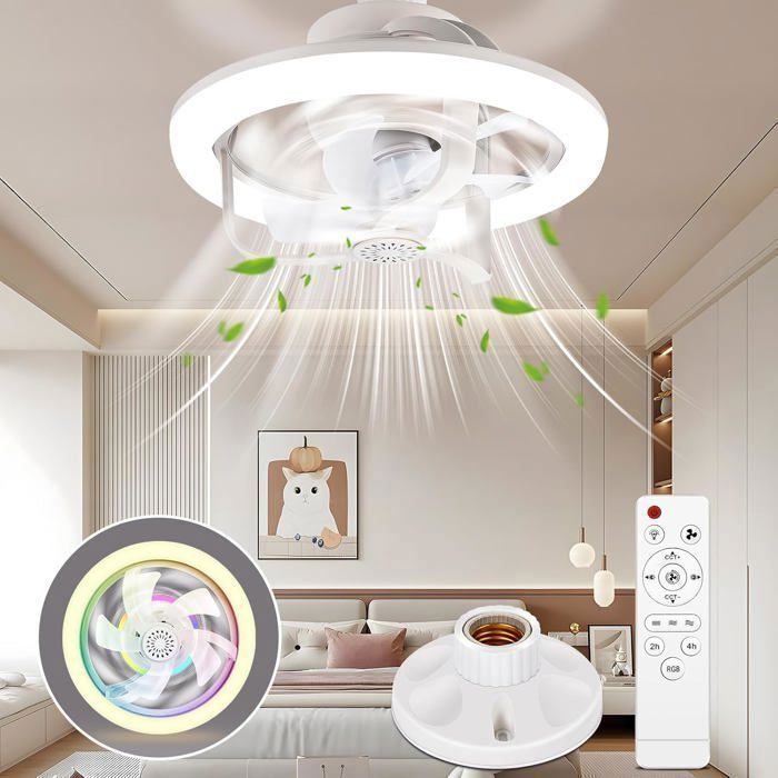 Ventilateur de Plafond avec Lumiere RGB Ventilateur Plafond avec Douille E27Ventilateur Silencieux Avec Telecommande(28cm*18cm) - Alfoyu