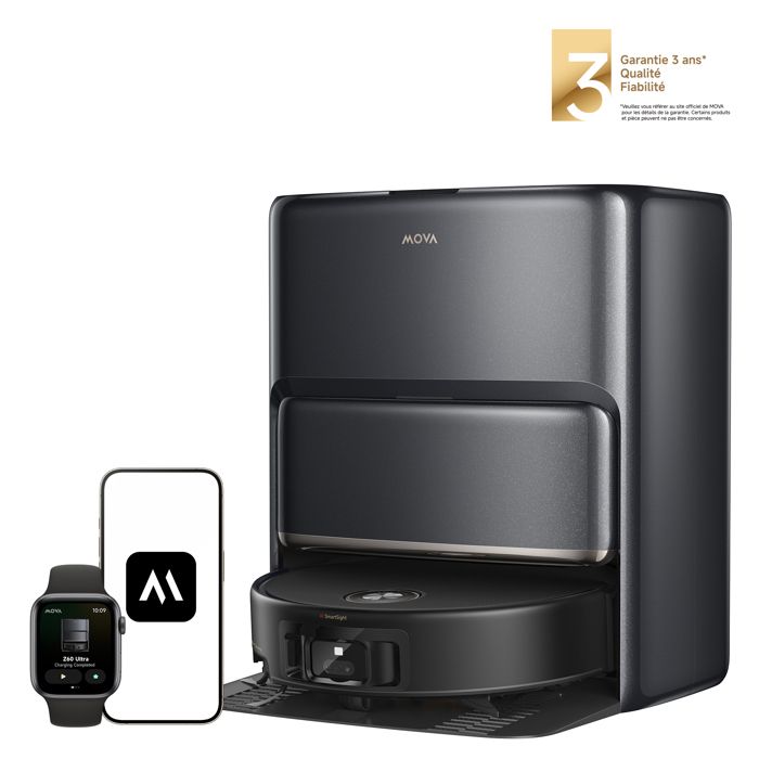 MOVA Z60 Ultra Roller Complete Robot aspirateur laveur 28000 Pa nettoyage 80 °C détection déjections idéal familles animaux - Mova