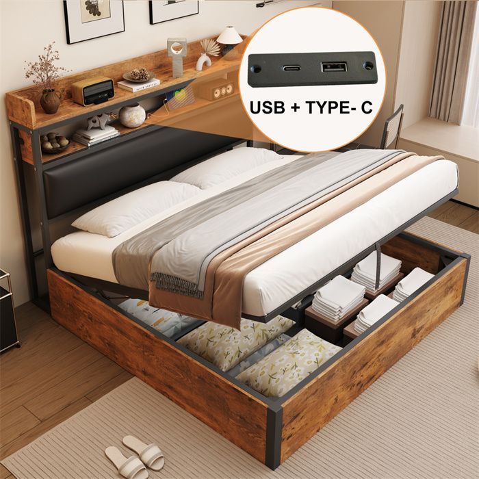 Lit Double avec Ports USB Lit Coffre 180x200 avec Sommier et Rangement Tête de Lit Capitonnée Lits pour Adulte Ado Bois+Noir