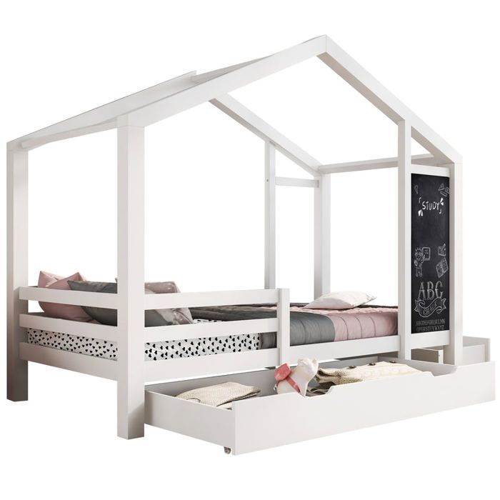 MEUBLES COSY Lit cabane enfant 90×200 cm en bois massif blanc avec tableau 2 tiroirs (sans matelas)