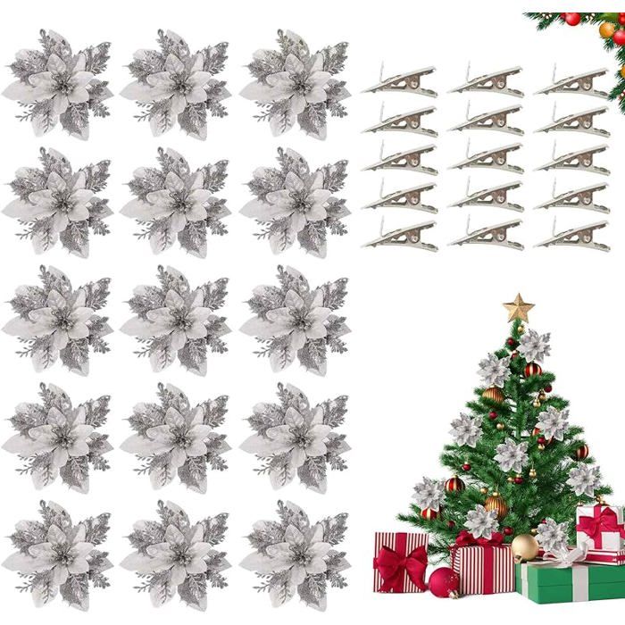 15 Fleurs De Poinsettia Pailletées Noël – 14x14 Cm – Rouge, Or, Argent – Décoration Sapin, Guirlande, Mariage, Fête - 6