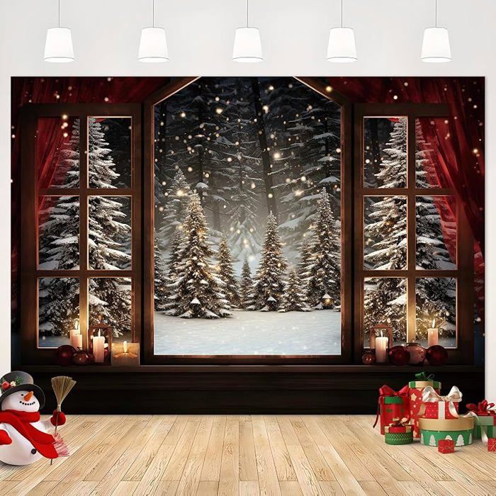 Christmas Window Backdrop 7x5ft Snow Forest Christmas Tree Backdrop for ...