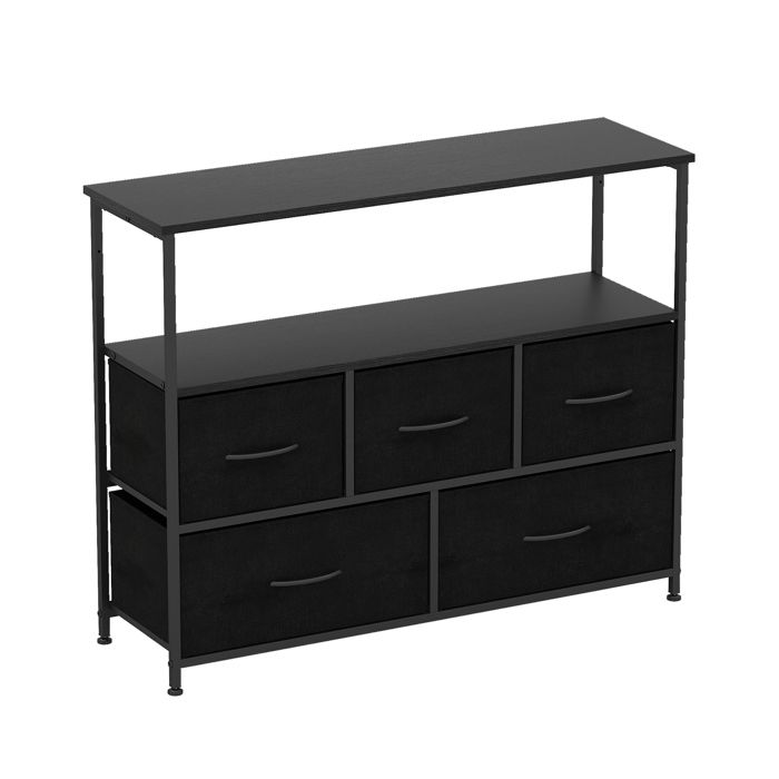 GIANTEX Buffet de Cuisine Moderne-Commode à 5 Tiroirs en Tissu-2 Étagères Ouvertes-Cadre en Métal-Chambre Salon-100x30x80cm-Noir
