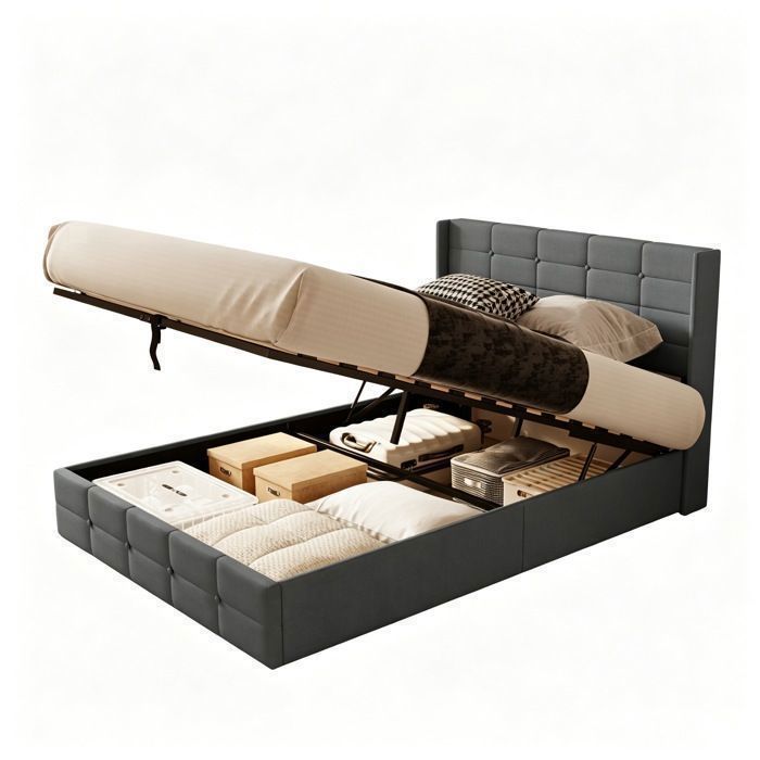 Structure de Lit - Bealife - 140 x 200 cm - Lit Coffre - Lattes en Bois de Sapin - 2 Places - Rangement 28 cm H - Gris