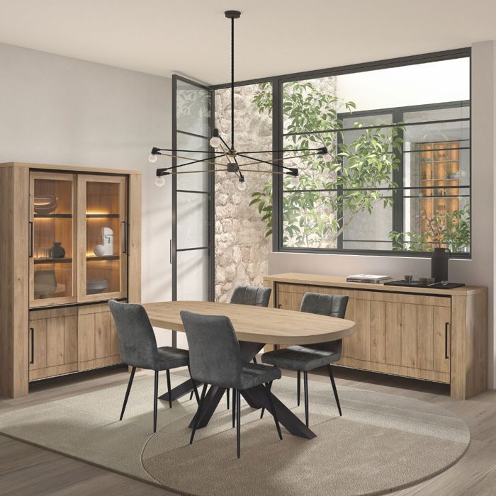Ensemble séjour table repas ovale pied étoile + buffet et argentier aspect bois finition Castel Oak - SORIEL Ensemble séjour table repas ovale pied étoile + buffet et argentier aspect bois finition Castel Oak - SORIEL