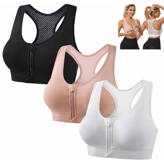 3pcs Soutien Gorge de Sport Femme sans Armature Brassière Maintien Fort Fermeture Devant avec Zippée Push Up Bretelles Couleur Unie
