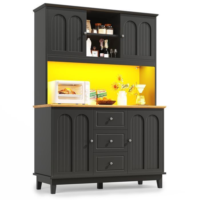 Armoire de Cuisine - Merax - Buffet Haut avec LED 4 Portes 3 Tiroirs Étagères Réglables - 120 x 40 x 180 cm - Noir