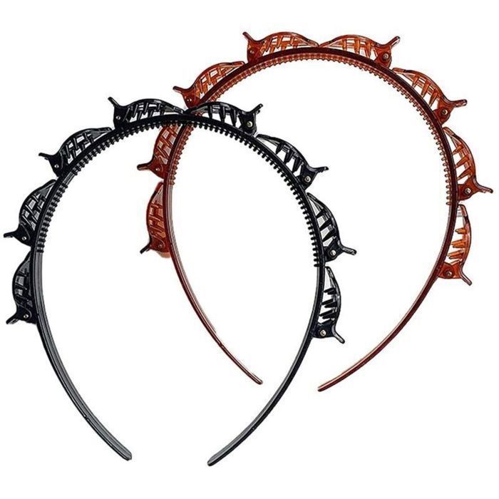 Lot de 2 Serre-Têtes Double Frange Noir et Marron Accessoires Cheveux avec Petites Pinces pour Femmes