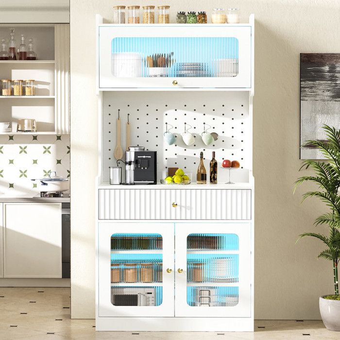 Buffet de cuisine avec éclairage LED et vitres rayéesbuffet de salle à manger avec étagères réglables et tiroirs80×40×180cmblanc