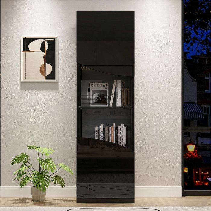 Armoire Vitrine Salon Noire Haute Brillance 35x50x165 cm – Éclairage LED & Portes Arc Concave
