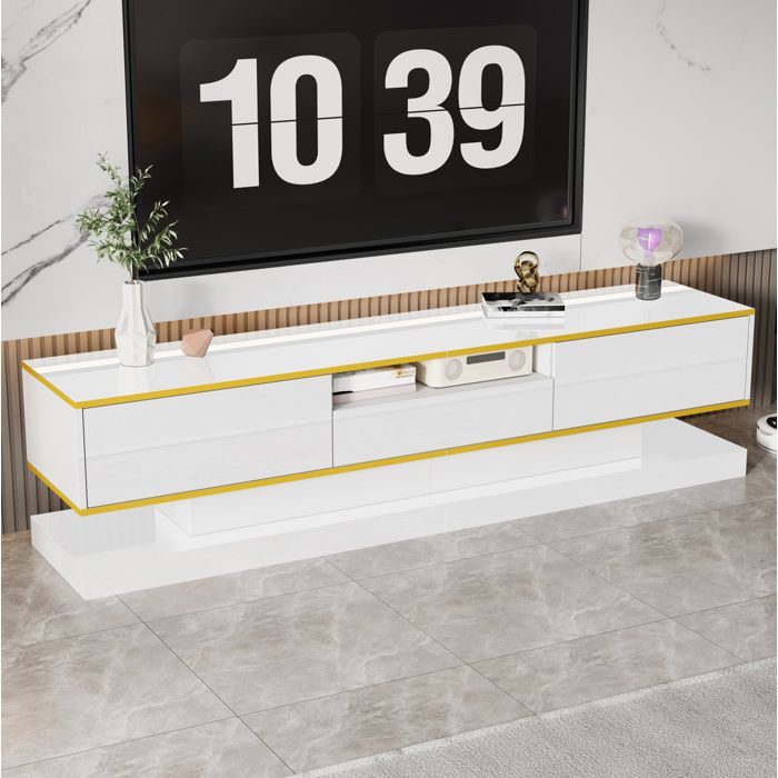 Meuble TV 180 cm avec LED multicolore 3 tiroirs et 1 niche ouverte brillant blanc et or pour salon - UVRION