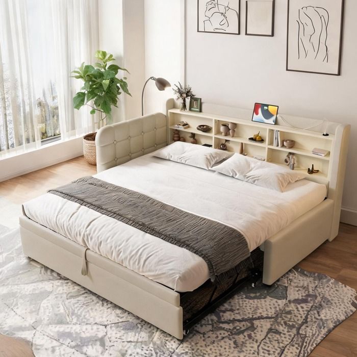 Canapé-lit extensible beige chaleureux en lin 2 places 180x200 cm - USB/Type-C et rangements
