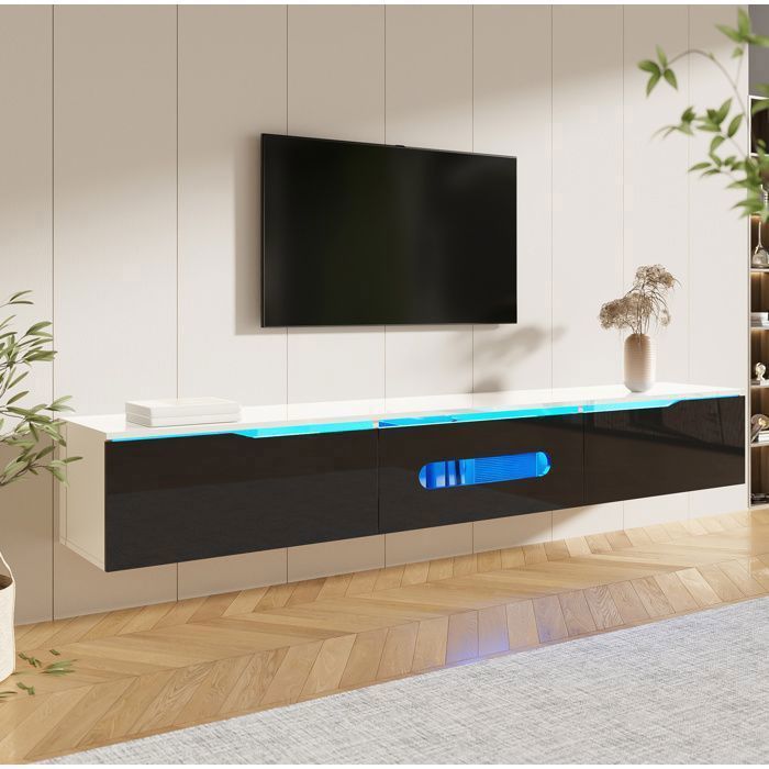 Meuble TV finition brillante noir et blanc éclairage LED 16 couleurs 180 x 35 x 30cm fixation murale