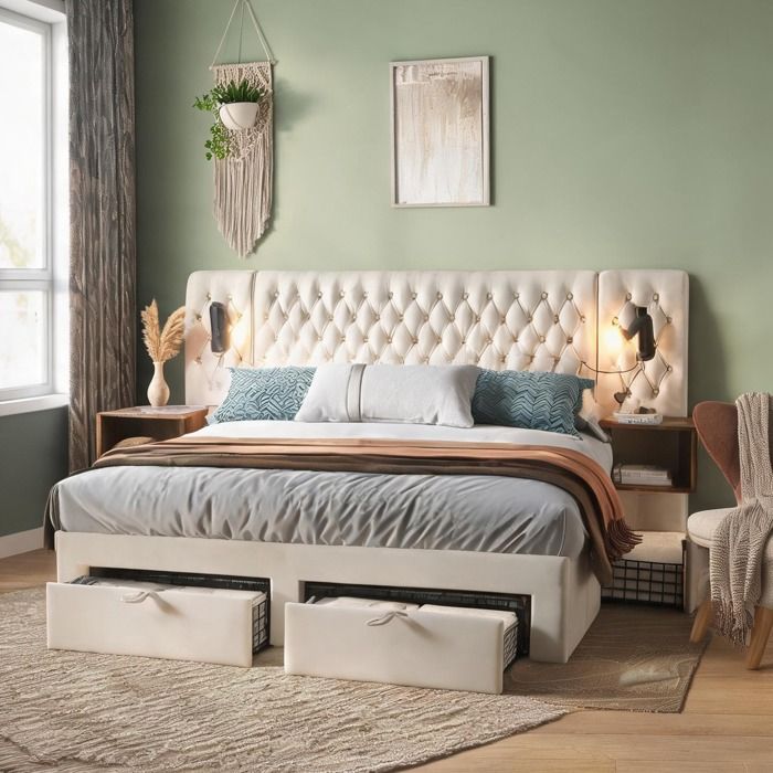 Ensemble chambre complet 160×200 cm en velours beige doux avec chevet intégré liseuses USB-C et 4 tiroirs
