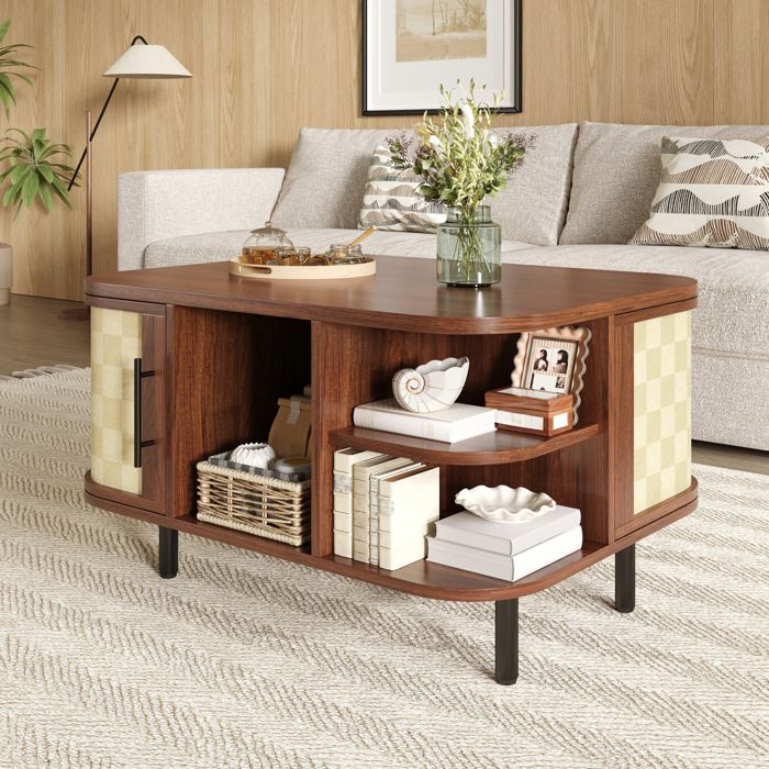 Table basse ovale 80x60x47 cm 2 portes portes à texture tissée rangement salon poignées et pieds métal effet noyer MDF
