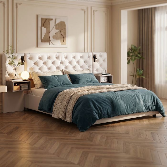 Cadre de lit 160x200 avec sommier inclus lit 2 personnes velours beige rembourré avec coffre hydraulique 300 kg de charge