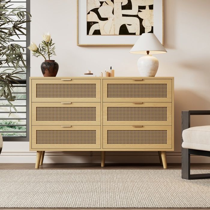 Buffet commode à 6 tiroirs avec poignées en métal meuble haut offrant un grand espace de rangement noyer 120x40x76.5cm(LxPxH) Buffet commode à 6 tiroirs avec poignées en métal meuble haut offrant un grand espace de rangement noyer 120x40x76.5cm(LxPxH)