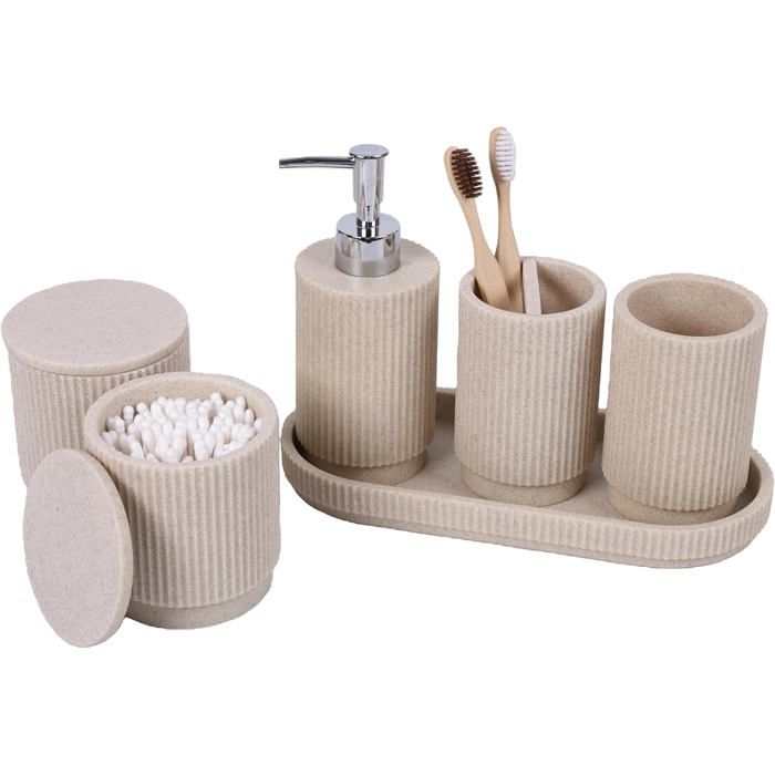Ensemble accessoires salle de bain  - 6 pièces - Design rayures - Résine haut de gamme - Distributeur de savon