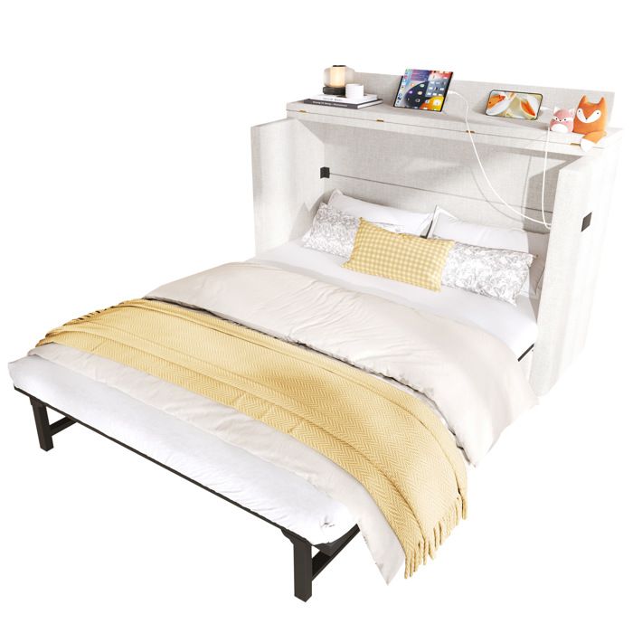 ELVORIN Lit escamotable 140 x 200 cm en lin et MDF avec 1 tiroir ports USB et Type C sommier à lattes sans matelas beige
