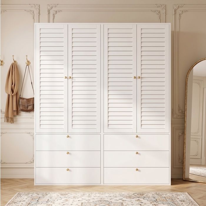Modenuit Armoire 4 portes 180x50x200 cm 6 tiroirs et 2 tringles blanc
