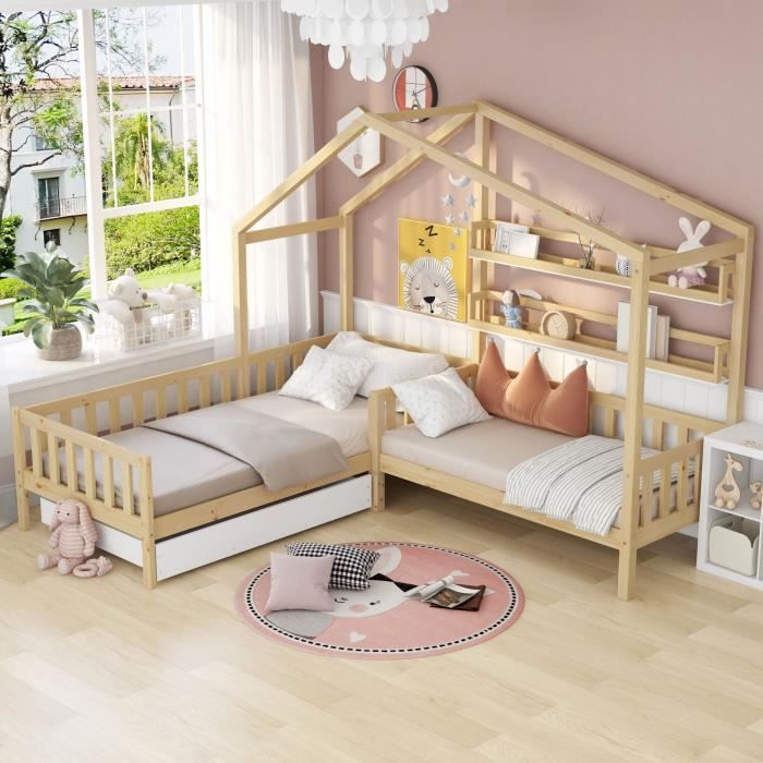 lit maison pour enfants avec tiroirs et étagères, bois massif avec clôture et sommier à lattes, structure en l,90x200 cm/140x70cm