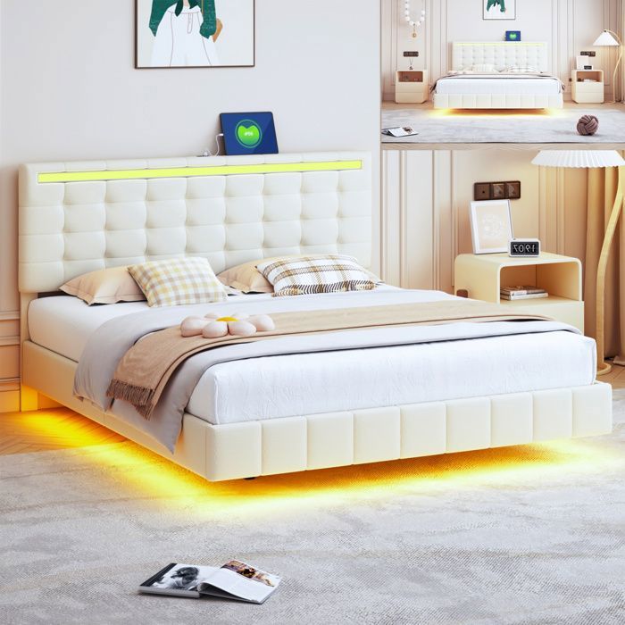 Lit 160x200 cm avec LED et port USB structure de lit flottant 160x200 cm avec sommier à lattes tissu en lin beige