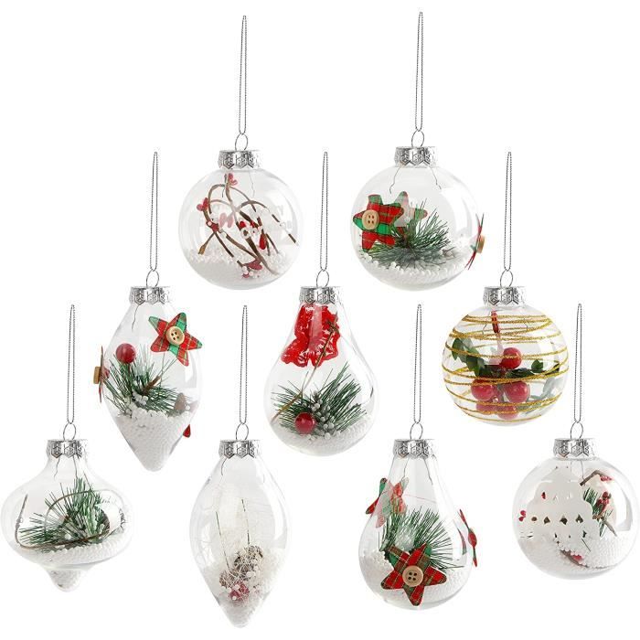 BELLE VOUS Boule de Noel - Boule Sapin de Noel Ronde Transparente Pré-filées en Plastique Décoration de Noel pour Décoration de Sapin, Mariage, Fêtes avec Ficelle en Jute (Lot de 15