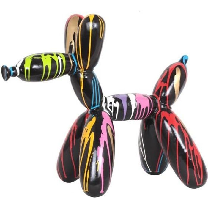 Statue Chien Au Ballon – Résine Multicolore – Fond Noir – Hauteur 28 Cm