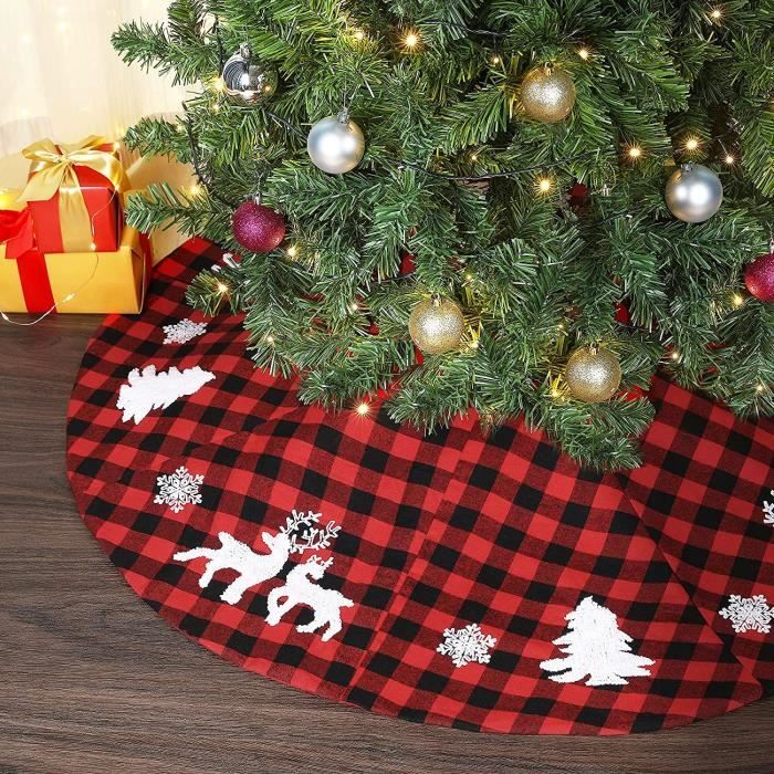 Jupe De Sapin De Noël à Carreaux Et Flocons | Rouge Et Noir, 122 Cm De Diamètre | Double Couche Polyester, Lavable - Décoration De Fête Réutilisable
